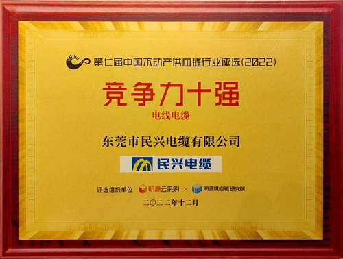莞企民興電纜榮登2022年中國不動產(chǎn)供應鏈行業(yè)競爭力十強